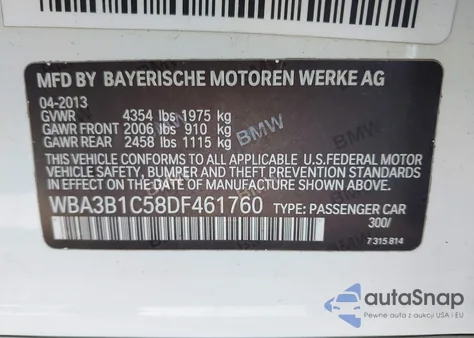 2013 BMW 320I from USA, damaged, VIN WBA3B1C58DF461760